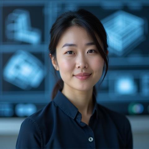 Karakuri Kikouのリードデザインエンジニア、鈴木エリカの肖像写真。真剣な表情で設計図を見つめている。